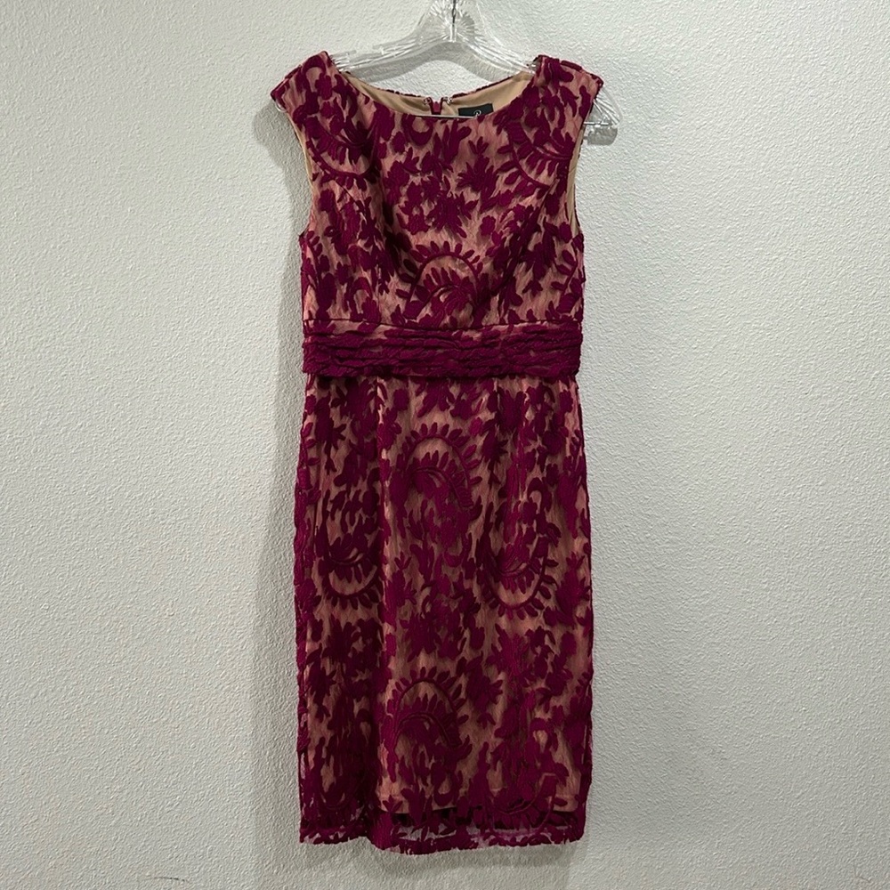 Adrianna Papell Women's Lace Sheath Dress Size 4 Color: Crushed Cherry